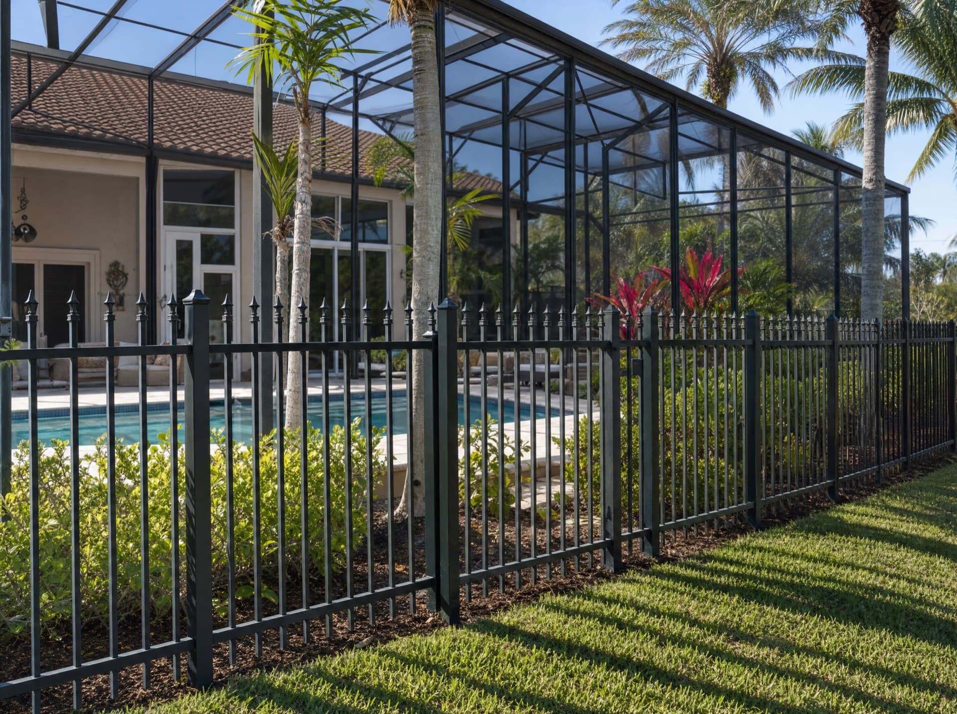 Black ornamental aluminum fence with spear-top pickets around a Florida pool and landscaping