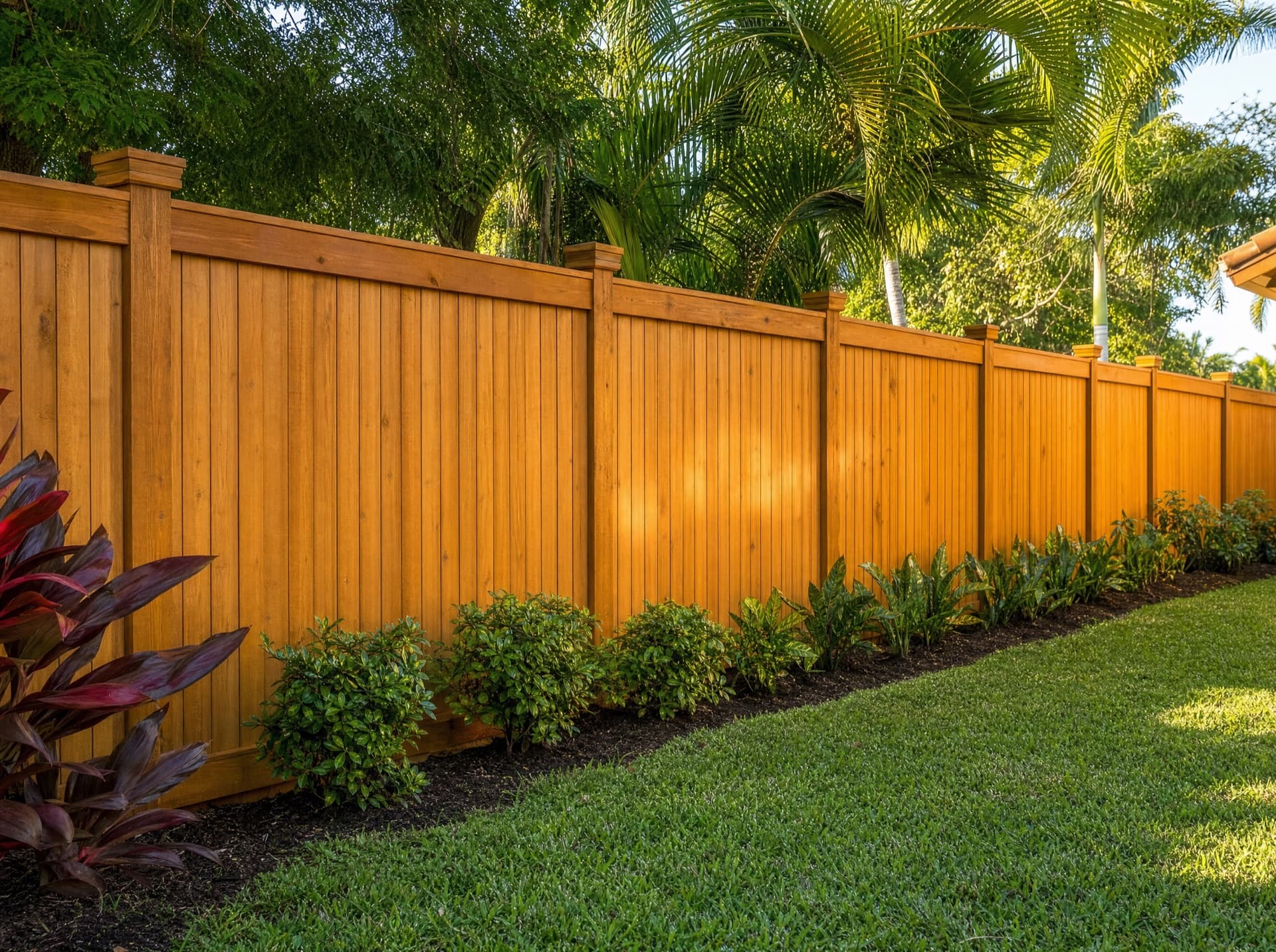 Board-on-board cedar wood privacy fence with cap and trim in a Central Florida backyard